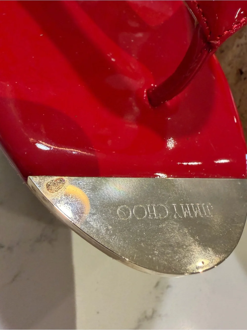 Jimmy Choo Pathos Red Patent Leather Cork Wedge Thong Sandals